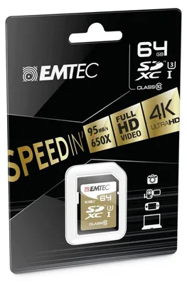 Image de EMTEC Speedin - Flash-Speicherkarte - 64GB - UHS Class 3 / Class10 - SDXC UHS-I (ECMSD64GXC10SP)