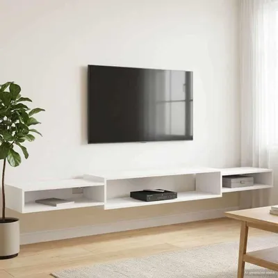 Image de vidaXL Meuble TV mural avec support mural, blanc, 220 x 28 x 21 cm
