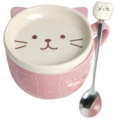 Zdjęcie produktu dla Filiżanka ceramiczna z pokrywką i łyżeczką, pojemność 300 ml, różowa, z motywem kotów