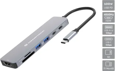 Produktbild von Conceptronic DONN28G 7-in-1 USB 3.2 Gen 1 Dockingstation, 4K60Hz HDMI, USB-A 5Gbps x 2, USB-C 5Gbps, SD, TF/MicroSD, 100W USB PD