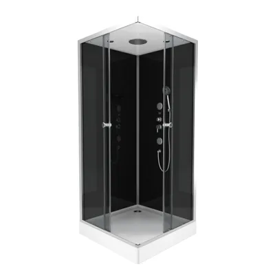 A modern, enclosed shower cabin with black glass panels and silver fixtures, set against a white background.