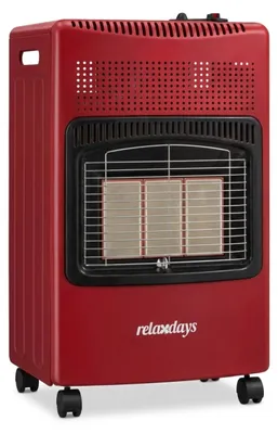 Imagen del producto de Calentador a gas Relaxdays, con 3 placas de cerámica, 1500-4200 W, para uso interior y exterior, con ruedas, compatible con botellas de gas, calentador infrarrojo a gas, color rojo, Imagen generada por IA