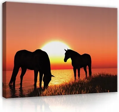 Produktbild von Leinwandbild Pferde Tiere Sonnenuntergang 120x80 cm XXL Modern Canvas Bilder Leinwandbilder Schlafzimmer Wohnzimmer Wandbilder Kunstdruck Wand Bild auf Leinwand Aufhängefertig