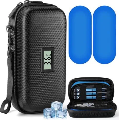 Produktbild von Famanu Tragbare Diabeteskühltasche für Insulin mit Thermometer, isolierte Medikamentenbox mit 2 wiederverwendbaren Kühlakkus, schwarz