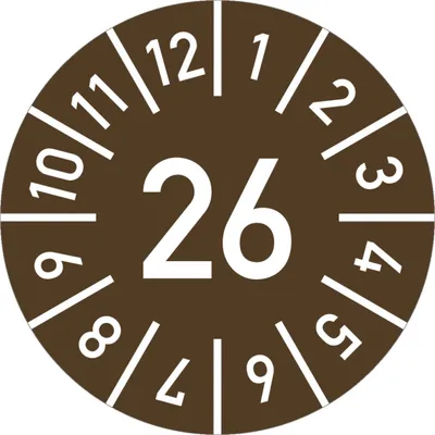 Produktbild von Dreifke® Prüfplakette Jahr 26 mit Monaten, braun, Dokumentenfolie, Ø 25 mm, 1...