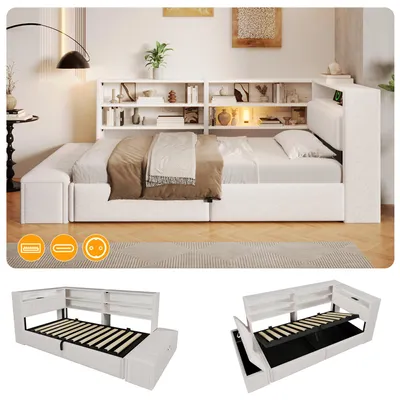 Obrázok produktu pre Postel s čalúneným rámom, 90 x 200 cm, s hydraulickým úložným priestorom, RGB LED osvetlením, USB-A/USB-C portami, bočným úložným priestorom a úložnou lavicou, potiahnutá zamatom, farba: sivá/biela