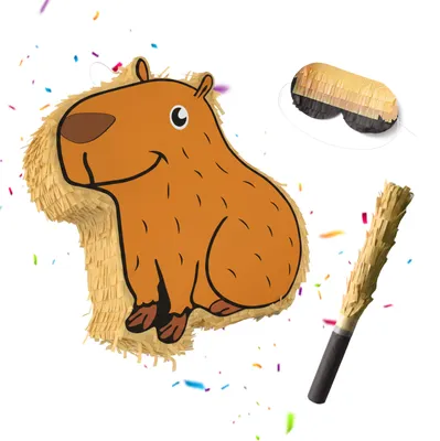 Image de Kit piñata Relaxdays, 3 pièces, en forme de capybara, à suspendre, pour enfants (filles et garçons), avec bâton et masque, non rempli, marron