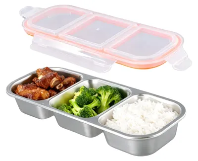 Produktbild von Snackbox aus Edelstahl mit 3 Fächern, Bento-Box mit Deckel, wiederverwendbarer Snackbehälter mit Fächern, lebensmittelechte Lunchbox für Kinder, tragbare Lunchbox für Arbeit, Schule, Reisen und Picknicks.