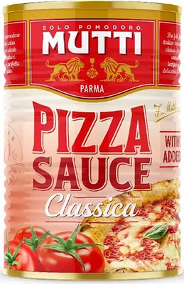 A can of Mutti Pizza Sauce Classica with an image of pizza and tomatoes on the label.