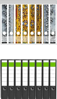Produktbild von Wallario 8 Stück schmale Ordner inkl. Klebeetiketten mit Motive Bunte buddhistische Tempeltür -  Set mit Rückenschildern / Ordnerrücken Stickern