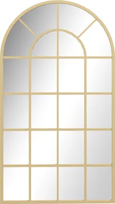 A gold-framed arched mirror with multiple panes, presented against a white background.