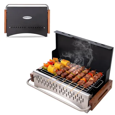 Produktbild von HOMAVO Tragbarer Holzkohlegrill, Camping Grill, Grillfläche: 38,15 × 20,95 cm, für Camping, Picknick und Garten