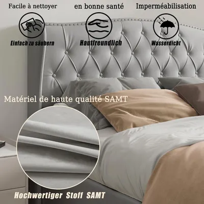 Image de Lit avec coffre de rangement - Sommier hydraulique - Lit double 140 x 200 cm - Revêtement en velours - Structure métallique - Sans matelas - Beige