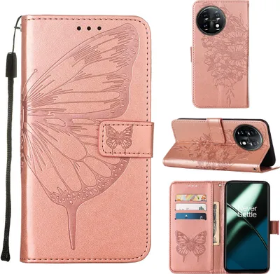 Produktbild von Lederhülle für OnePlus 11 Schmetterling Prägung Flip Ledertasche Kartenfächer Handyhülle mit Ständer Pink