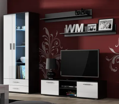 Produktbild von Furniture24 Wohnwand SOHO 11 mit Blauer LED Beleuchtung, Anbauwand, Wohnzimmerschrank, Schrankwand, Vitrine, Lowboard, Hängeregal Schwarz/Weiß Hochglanz