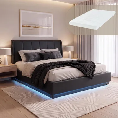 Obrázek produktu pro LED postel s úložným prostorem "Tröstiar" a matrací, potažená umělou kůží, rozměr 160 x 200 cm, černá barva