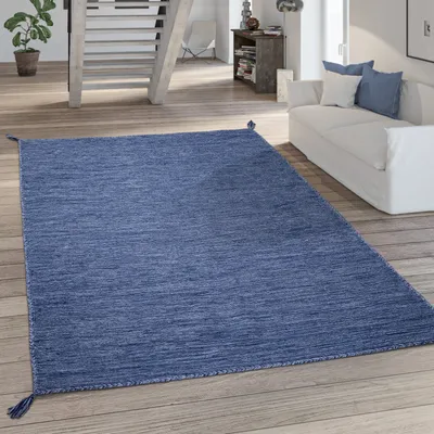 Produktbild von Teppich Wohnzimmer Modern Einfarbig Mit Fransen Baumwolle Webteppich In Blau Grösse 160x220 cm