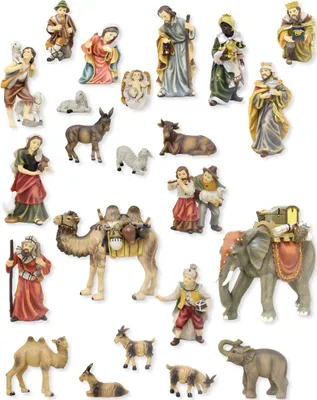 Produktbild von FADEDA 23-teiliges Mathias Krippenfiguren Set – Premium Weihnachtsdeko Figuren handbemalt in edler Holzoptik – Traditionelle Weihnachtskrippe Zubehör aus robustem Kunstharz Polyresin (Höhe bis 9 cm)
