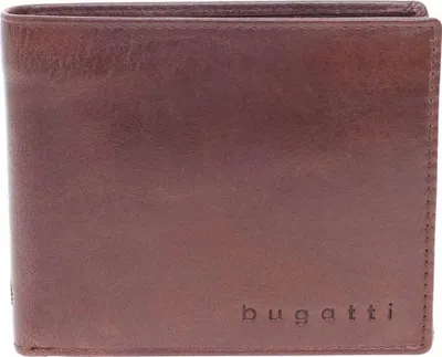 A brown leather wallet with the brand name 'bugatti' embossed on the bottom right corner.