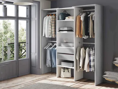 Produktbild von Garderobe Miramar, Struktur für begehbaren Kleiderschrank, Offener Kleiderschrank ohne Türen, Begehbarer Kleiderschrank, 179x50h202 cm, Weiß und Zement