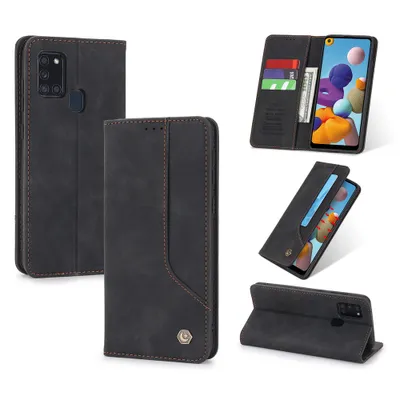 Obrázek produktu pro RetroPolyuretankožené pouzdro pro Samsung Galaxy A21s peněženkový design pouzdro s držákem na karty a stojánkem černé