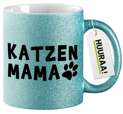 Produktbild von Huuraa Glitzertasse Katzenmama Tapse 330ml Blau Keramik Kaffeebecher Geschenkidee