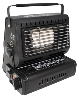 A black gas heater with a silver grill and a black handle is shown against a white background.