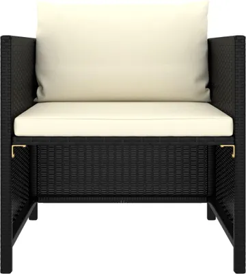 A black poly rattan sofa with cream cushions, shown from the front on a white background.