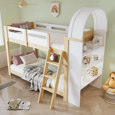 Image de okwish Lit superposé 90x200cm avec étagère à trois niveaux, lit avec barrières, échelle et lattes, blanc + naturel (sans matelas)