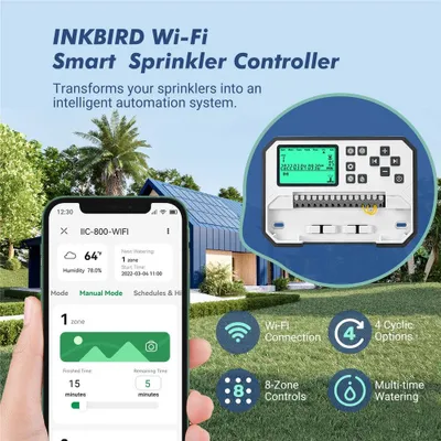 Imagen del producto de Controlador inteligente para sistemas de riego Wi-Fi, con 8 zonas, para uso en interiores y exteriores. Incluye: sistema de riego, aplicación móvil. No incluye aspersores