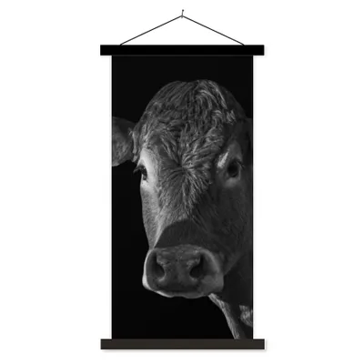 Produktbild von MuchoWow® Textilposter Kuh - Tiere - Schwarz - Weiß - Porträt 90x180 cm mit schwarzem Rahmen - Dekoration Wohnzimmer