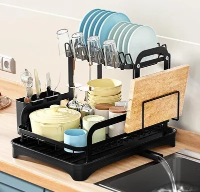 Produktbild von Famanu Abtropfgestell 2-stufig mit Abtropfschale und drehbarem Wasserablauf - Edelstahl Abtropfgestell - Besteckhalter