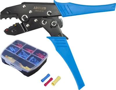 Produktbild von Crimpzange Presszange mit Stossverbinder isoliert 0,25-6,0 mm² rot blau gelb Set 100 Stück Schrumpfverbinder