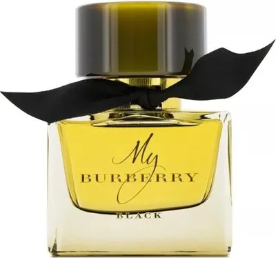 A close-up studio shot of a Burberry My Burberry Black perfume bottle.