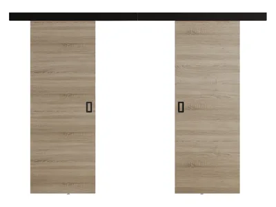 A pair of sliding doors with a wood grain texture and black handles, mounted on a black track.