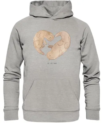 Produktbild von Mr. & Mrs. Panda Bedruckter Hoodie Otter Herz Größe XXL - Heather Grey - Geschenk, Statement-Hoodie, Seeotter, Sweatshirt, Pullover, Pulli mit Kapuze, Liebe, Kapuzenpulli