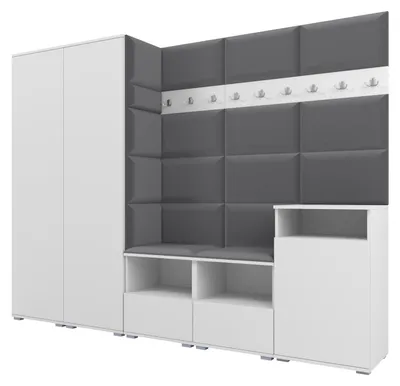 Produktbild von Garderobe NELA VIII 250 cm Modulare Flurmöbel Weiß mit Sitzpolster Dunkelgrau 15 (2 Schränke + Sideboard)