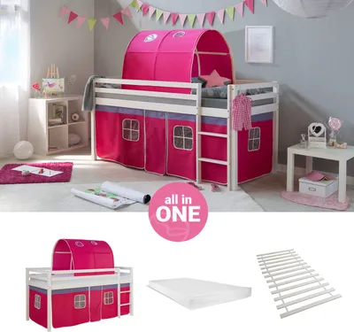 Produktbild von Homestyle4u Hochbett 90x200 mit Matratze Tunnel Vorhang pink Kinderbett Weiß Holz Kiefer Massiv Lattenrost