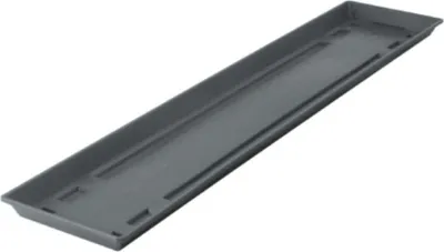 A long, narrow, gray planter tray is shown against a white background.