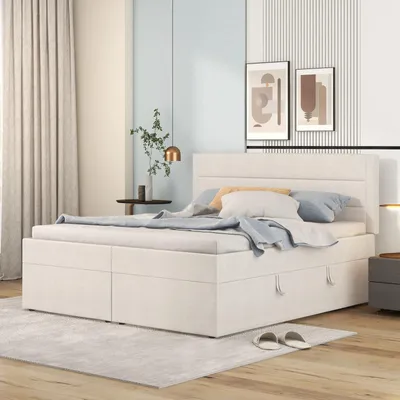 Produktbild von Bett mit Stauraum 140 x 200 cm – Doppelbett mit Lattenrost und Kopfteil – beidseitig zu öffnender Leinenbezug – Beige