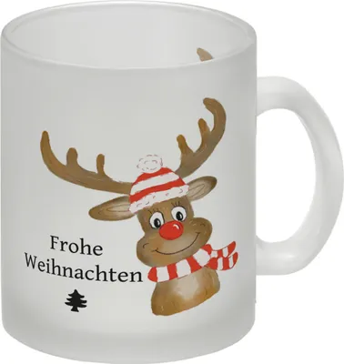 Produktbild von Weihnachten Glas Tasse mit Rentier und Spruch - Frohe Weihnachten