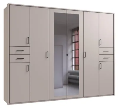 Produktbild von Drehtürenschrank Kleiderschrank 273cm Passepartout Spiegel Beige Grau Griffe schwarz / 22580