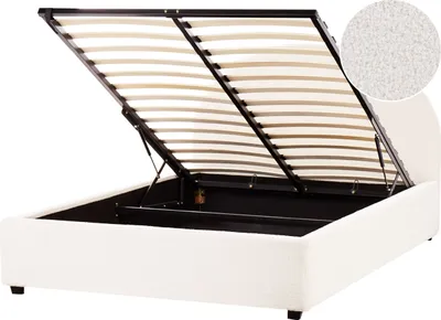 Produktbild von BELIANI Bett mit Bettkasten Cremeweiß Bouclé Gepolstert 140 x 200 cm Lattenrost Hochklappbar Hohes Kopfteil Klassisch Minimalistisch Schlafzimmer