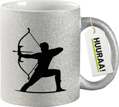 Produktbild von Huuraa Glitzertasse Bogenschießen Silhouette 330ml Silber Keramik Kaffeebecher Geschenkidee