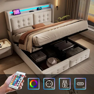 Produktbild von Polsterbett 180x200cm,Doppelbett mit Led-Kopfteil und USB C,Hydraulisches Bett mit Lattenrost aus Holz und Metallrahmen,Beige,Baumwolle(Ohne Matratze)