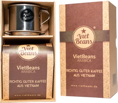 Produktbild von VietBeans Giftset Arabica - 250g gemahlener Röstkaffee und Kaffee Handfilter in hochwertiger Verpackung - Kaffeegeschenk