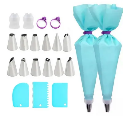 Immagine prodotto di Set di sac à poche con 12 bocchette, 2 sacchetti riutilizzabili, adattatore e spatola, 30 cm