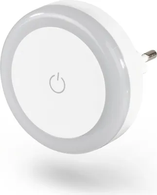 A white LED night light with a touch-sensitive power button.