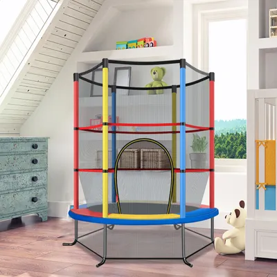 Image de Trampoline de jardin COSTWAY Ø165cm avec filet de sécurité, trampoline pouvant supporter une charge de 135KG, pour les enfants à partir de 3 ans Coloré