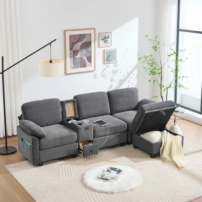 Zdjęcie produktu dla Sofa Cord w kształcie litery L – duża sofa narożna z konsolą środkową z portem USB-C, uchwytami na napoje, tapicerką z pianki z pamięcią kształtu, bocznymi kieszeniami, modułowa sofa z schowkiem i podnóżkiem, kolor szary